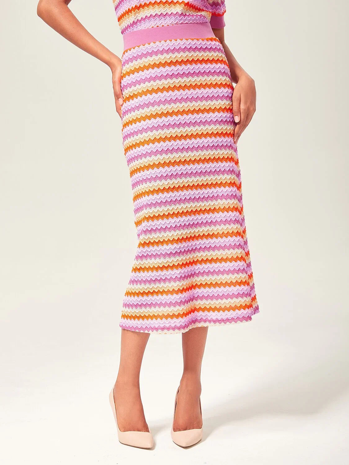 Orange Knitted Stretch Color Block Skirt
