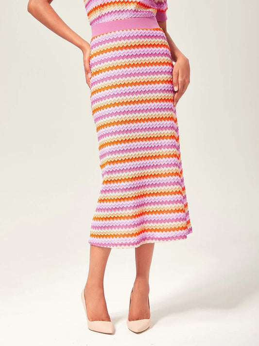 Orange Knitted Stretch Color Block Skirt