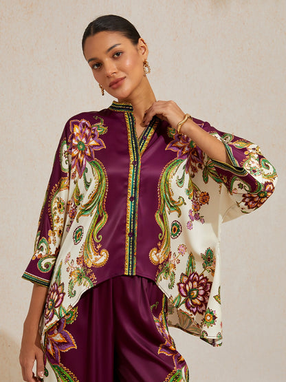 Burgundy Paisley Silky Satin Batwing Top