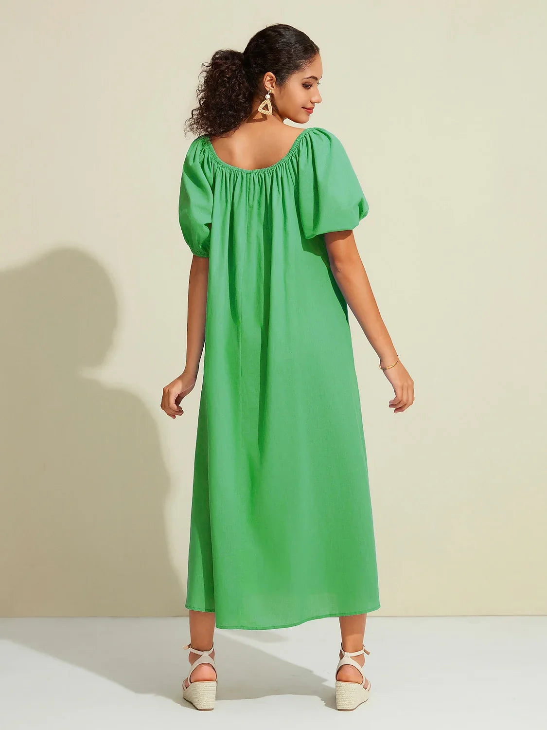 Cotton Resort Loose Fit Off-Shoulder Puff Maxi Dress