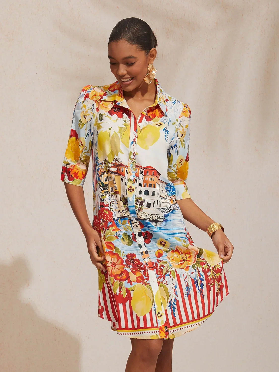 Mallorca Blossom Silky Satin Straight Shirt Dress
