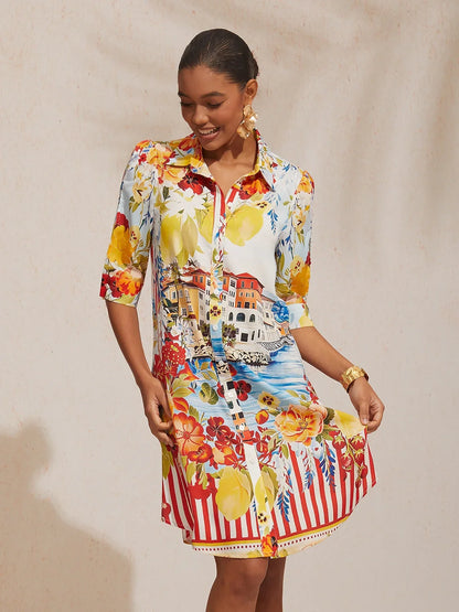 Mallorca Blossom Silky Satin Straight Shirt Dress