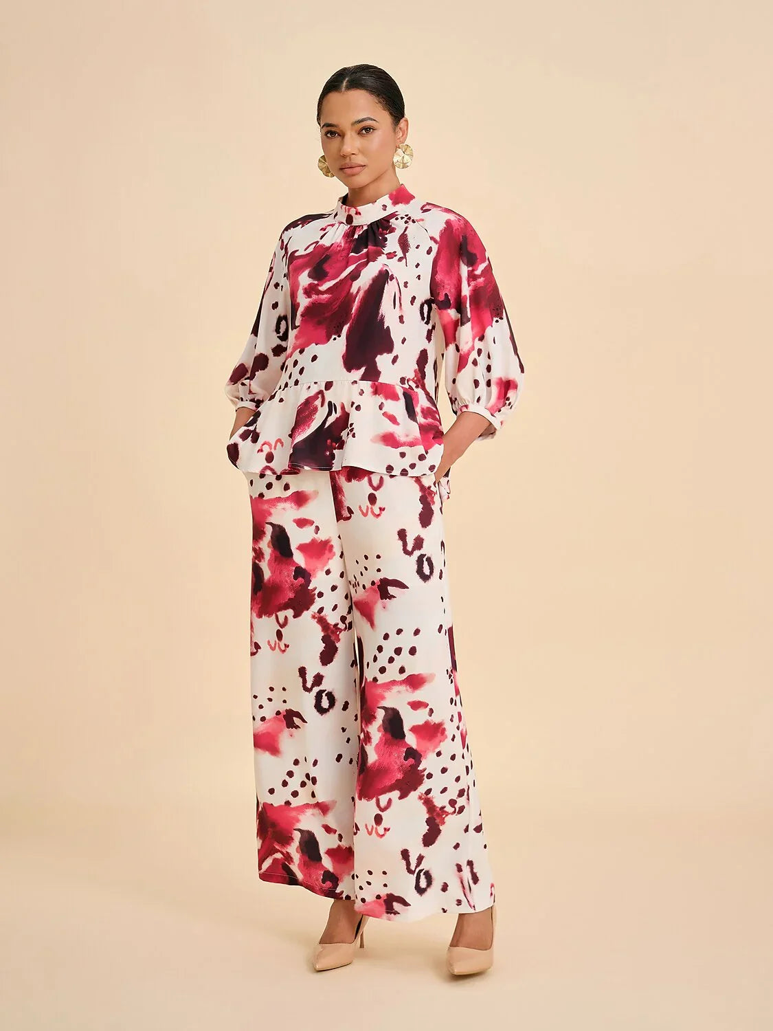 Burgundy Abstract Print Elastic Gathered Wide-Leg Pants