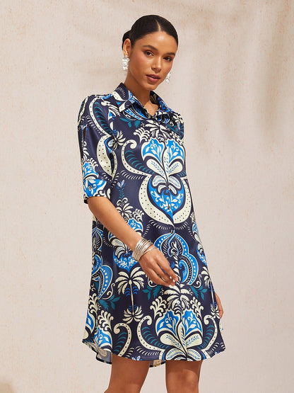 Royal Paisley Flora Silky Satin Shirt Dress