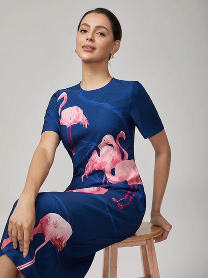 Royal Blue Short Sleeves Flamingo Print Dress
