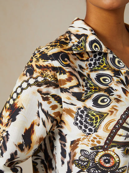 Vintage Leopard Jewelry Linen Look Blouse
