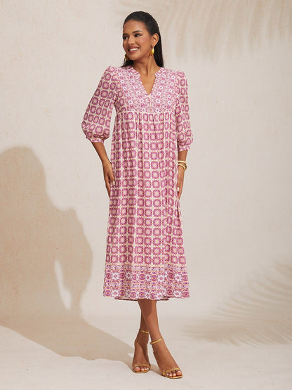 Chiffon Ethnic Floral Print Half Sleeve V-Neck Midi Dress