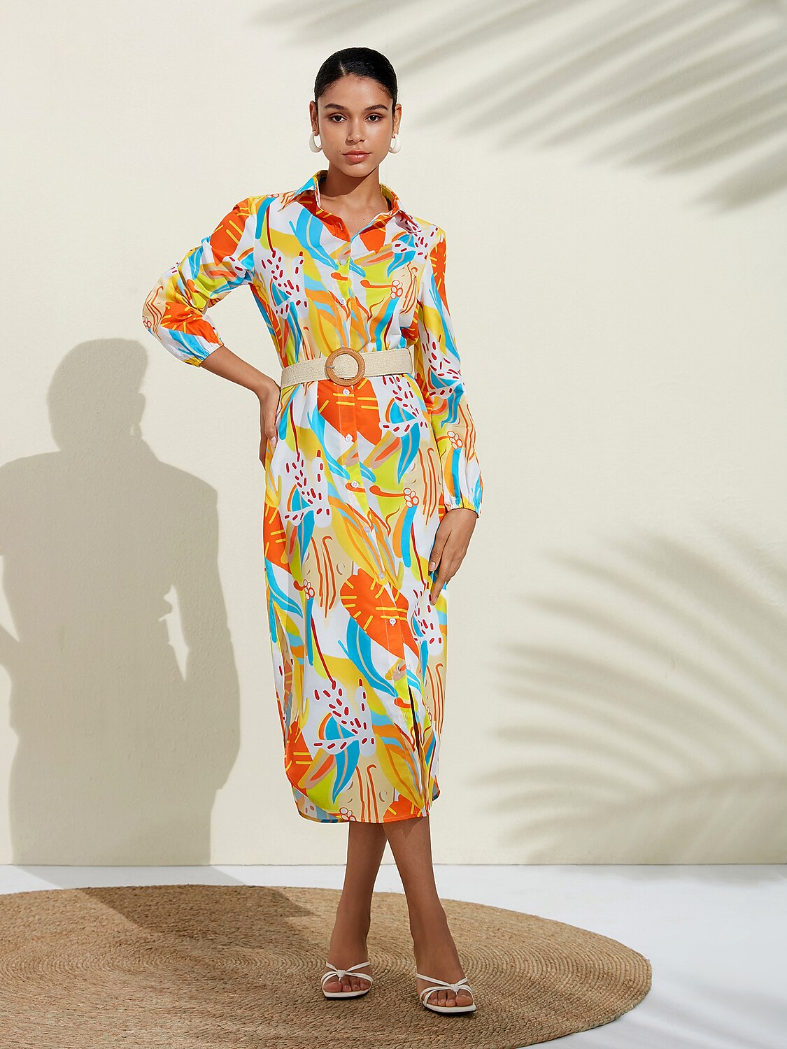 Plant Print Effortless Linen-Style Shirt Dress