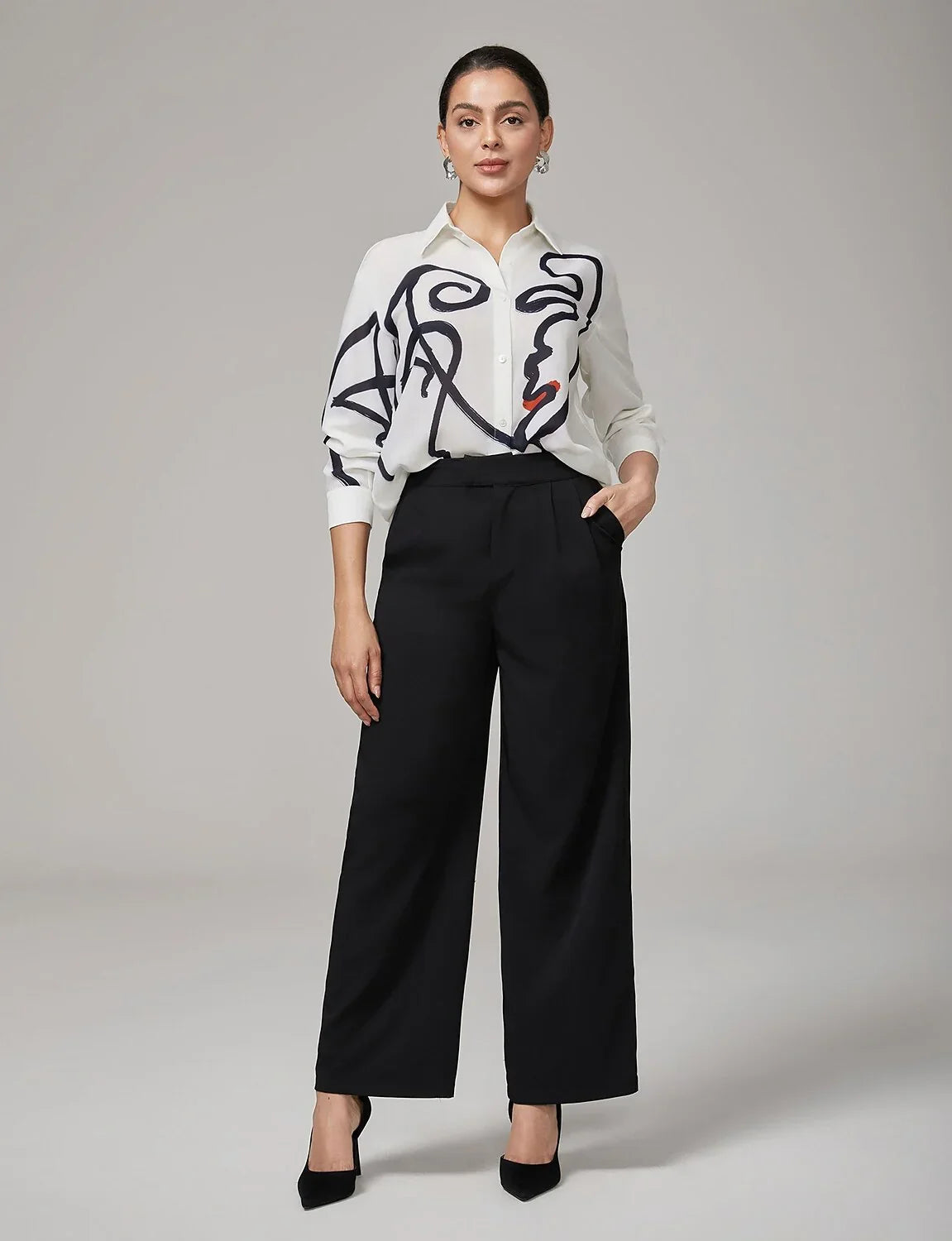 White Artistic Print Long-Sleeve Shirt