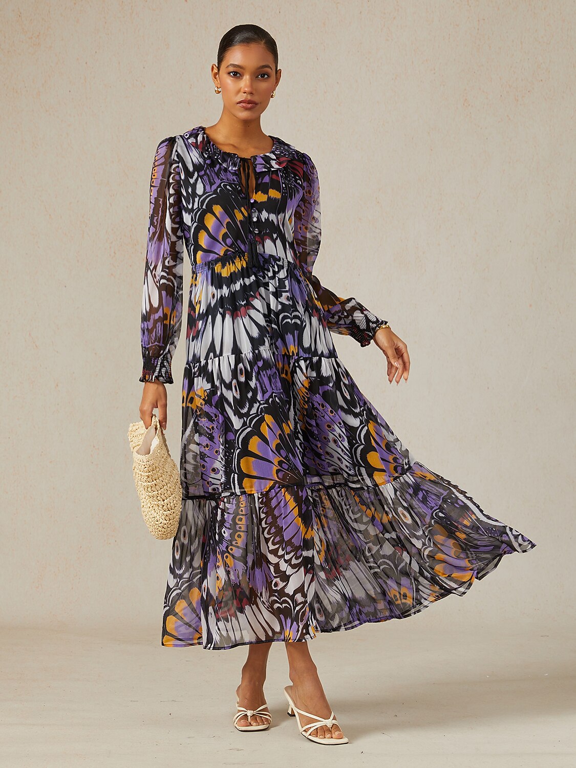 Jungle Butterfly Flowy Chiffon Maxi Dress