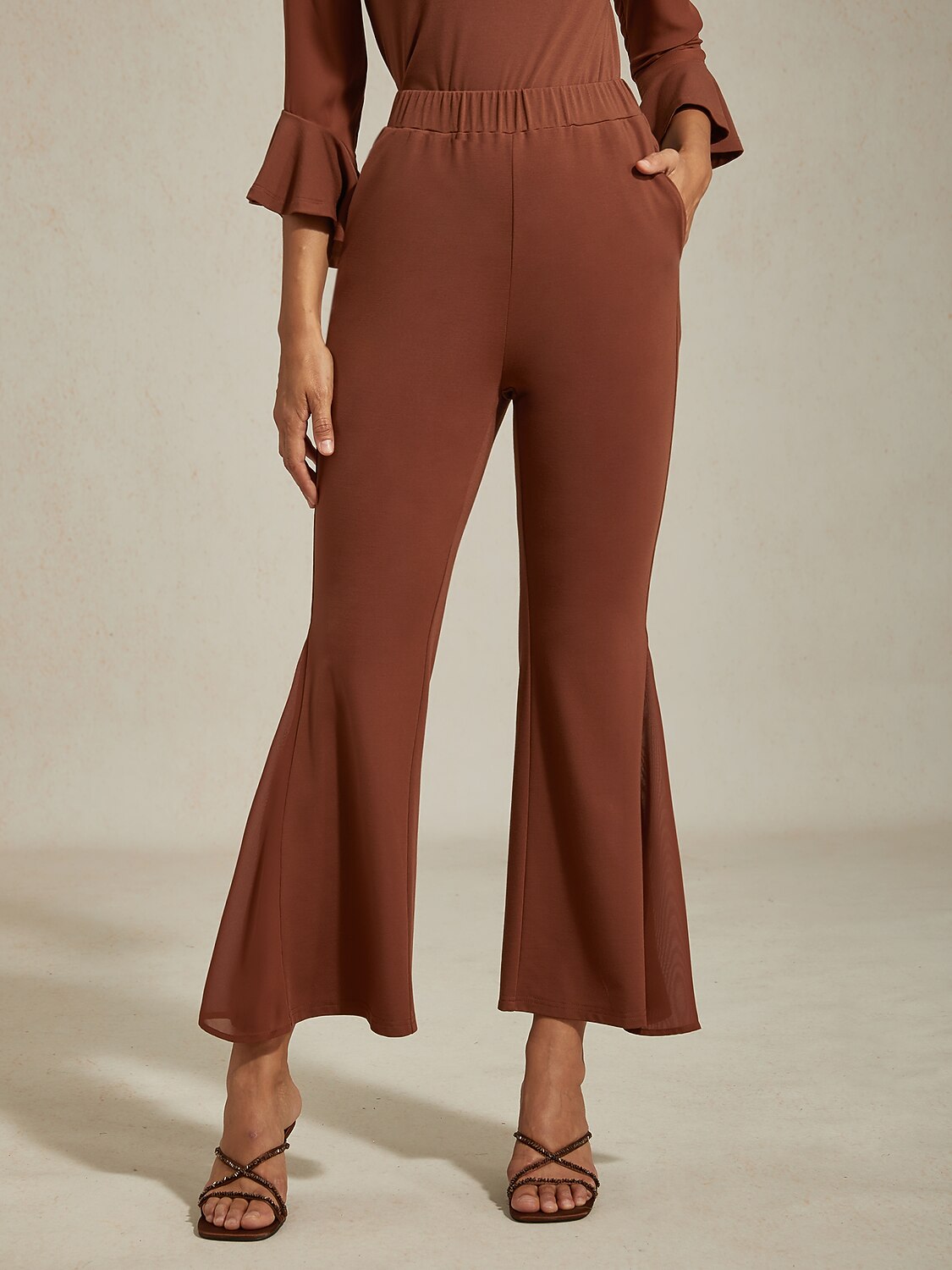 Elegant Coffee Brown Bell-Bottom Chiffon Sheer Pants