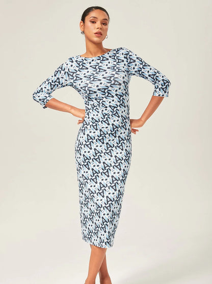 Casual Blue Geometric Print Midi Dress