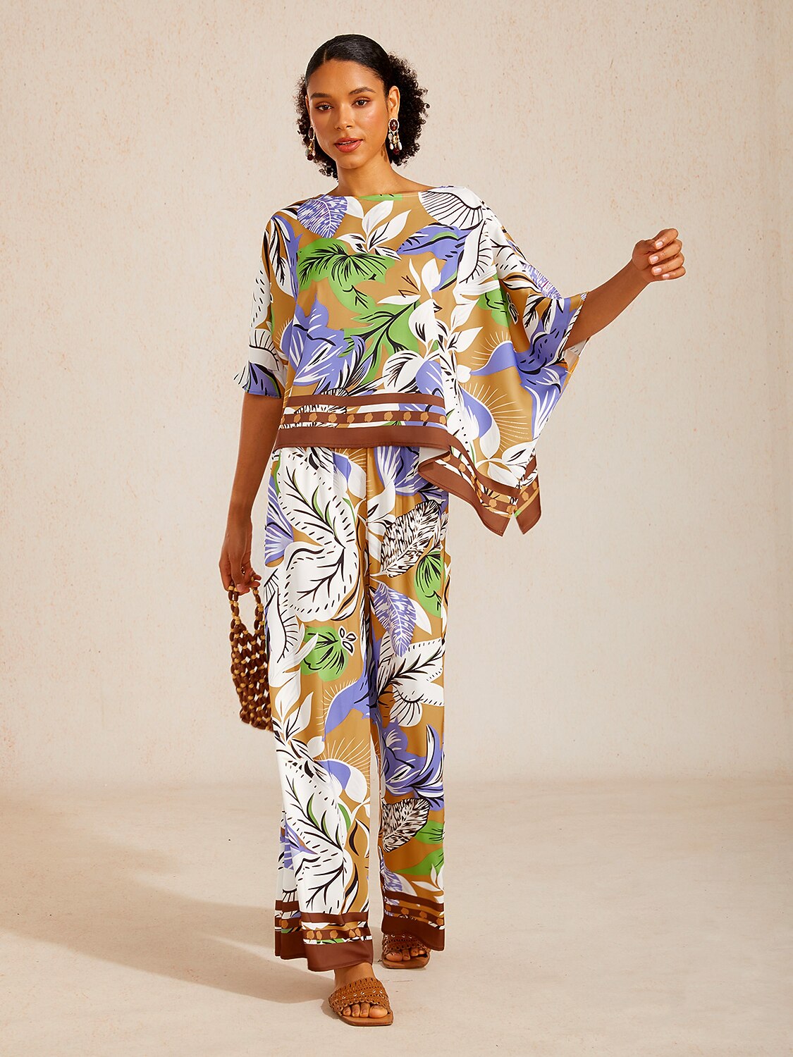 Marble Flora Silky Satin Wide Leg Pants