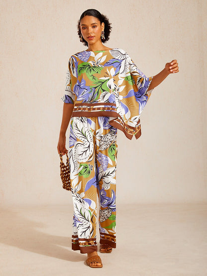 Pastel Floral Garden  Satin Wide Leg Pants