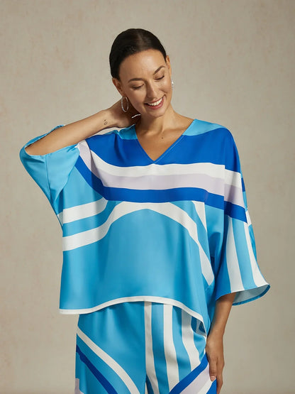 Geometric Silky Satin Print Poncho Blouse