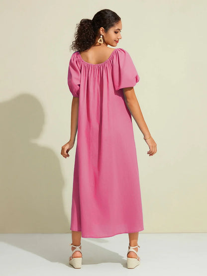 Cotton Resort Loose Fit Off-Shoulder Puff Maxi Dress