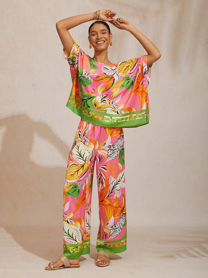 Summer Night Palm Silky Satin Wide Leg Pants