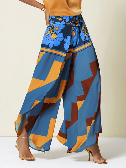 Satin Geometric Print Swing Full Length Micro-Elastic Pants