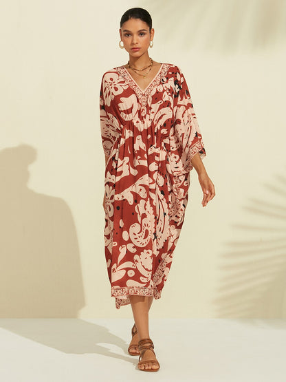 Boho Paisley Print Midi V-Neck Chiffon Kaftan