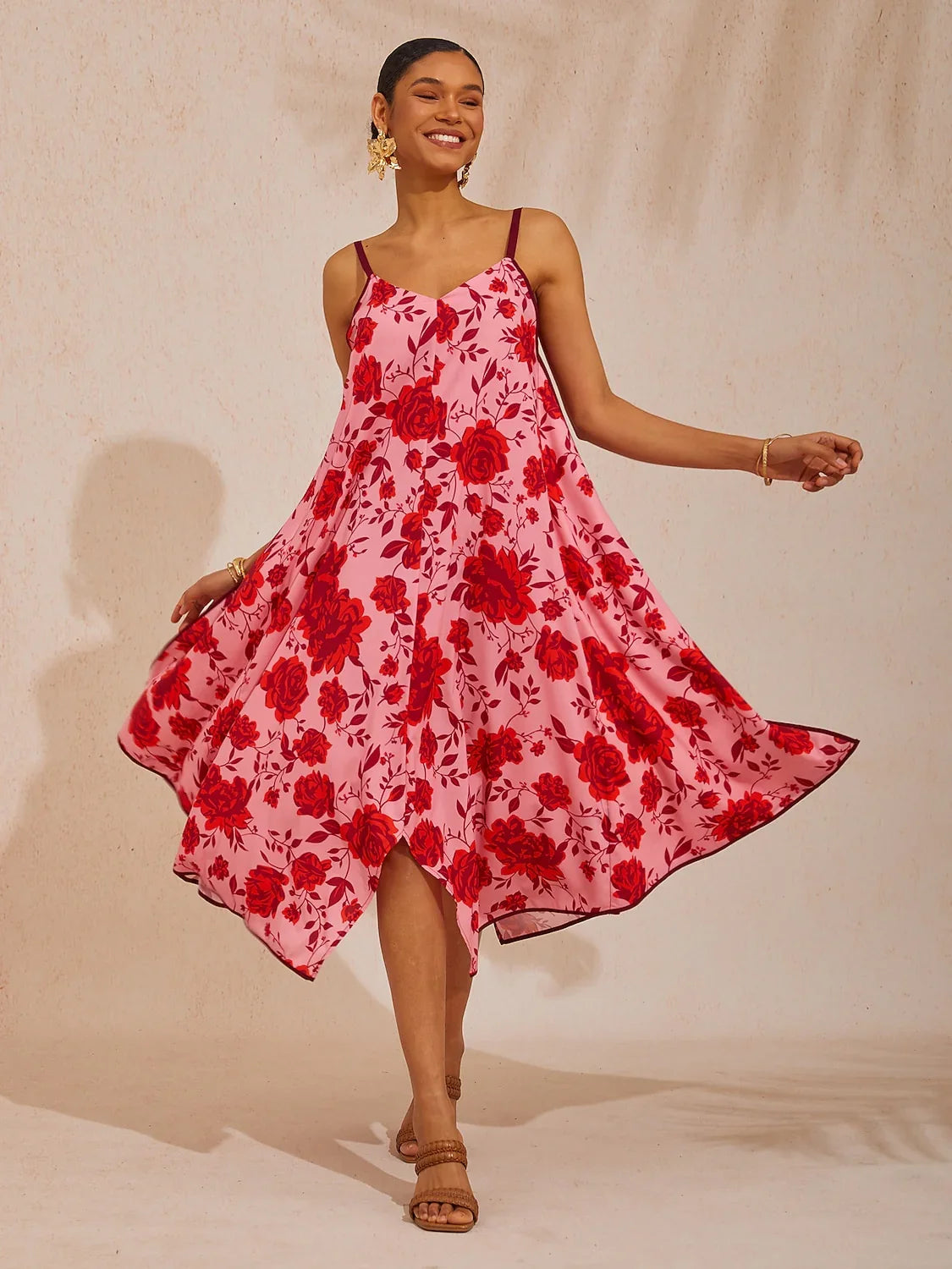 Womens Floral Print Cotton Rayon Cami Midi Dress V Neck Sleeveless Flowy Soft Breathable Feel Flattering Drape, Rose Red / XXL