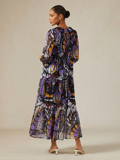 Jungle Butterfly Flowy Chiffon Maxi Dress