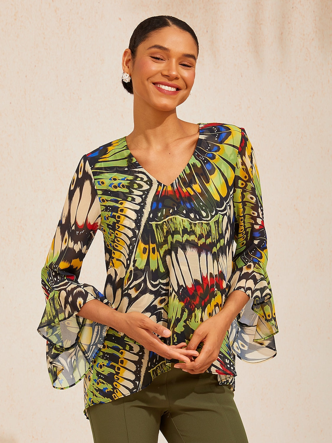 Green Mandala Floral Flowy Chiffon Blouse