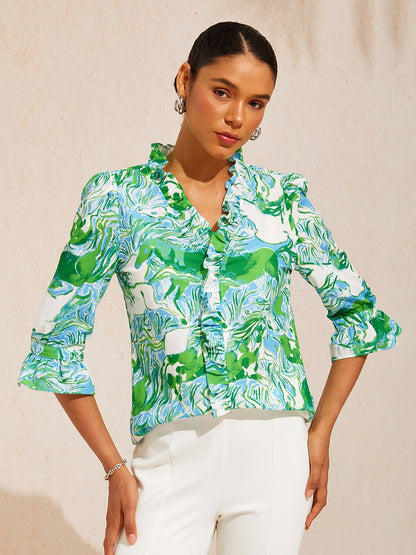 Graphic Art Mustang Linen Look Blouse