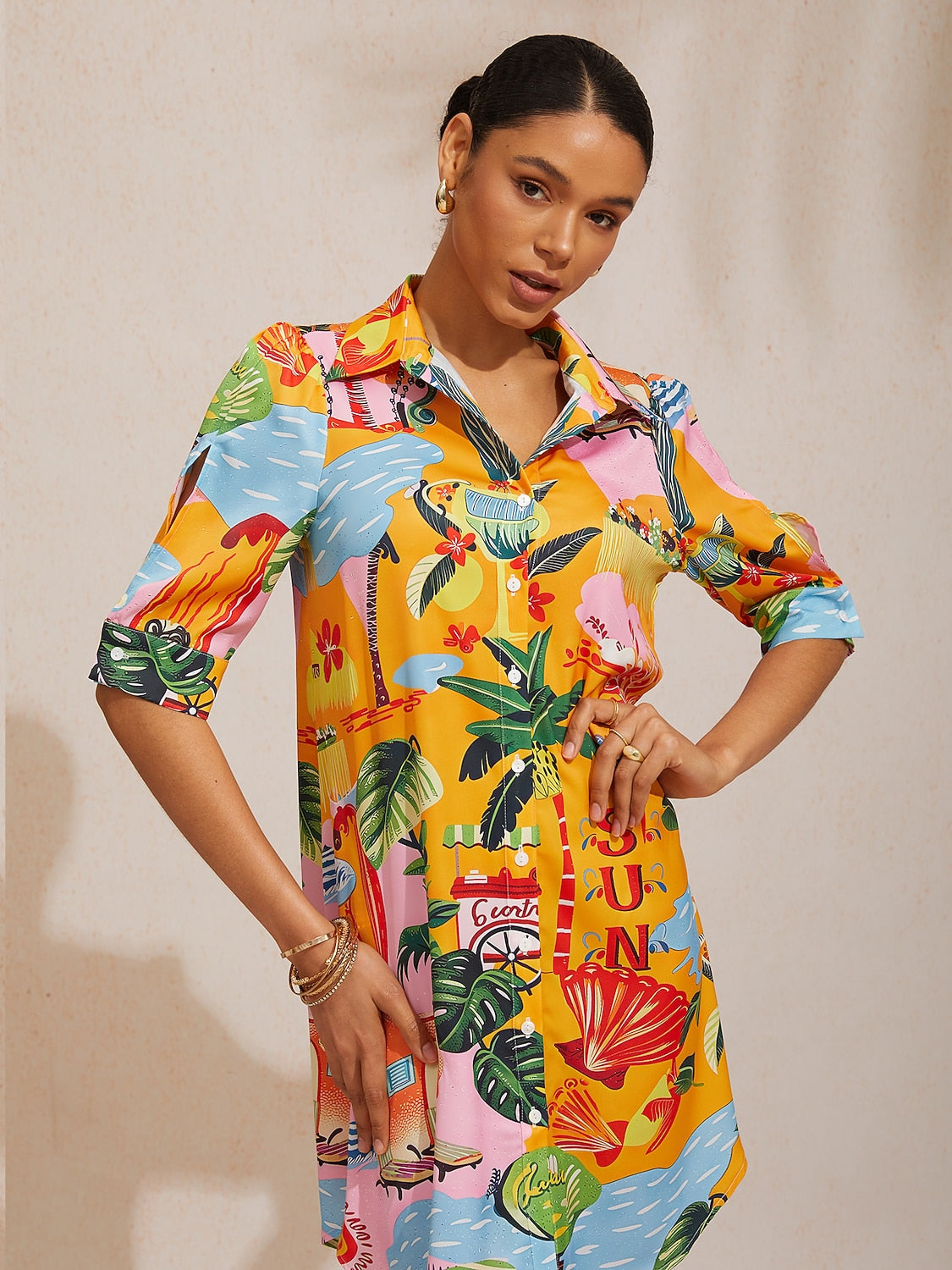 Deep Green Hibiscus Silky Satin Shirt Dress