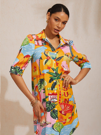 Deep Green Hibiscus Silky Satin Shirt Dress