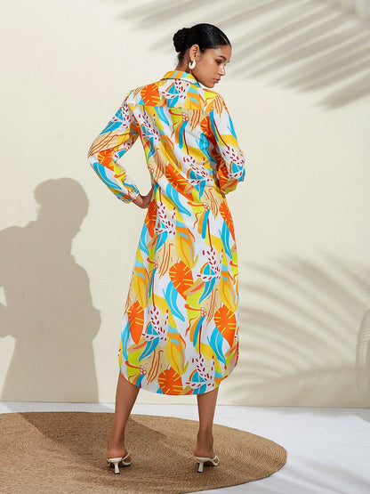 Plant Print Effortless Linen-Style Shirt Dress