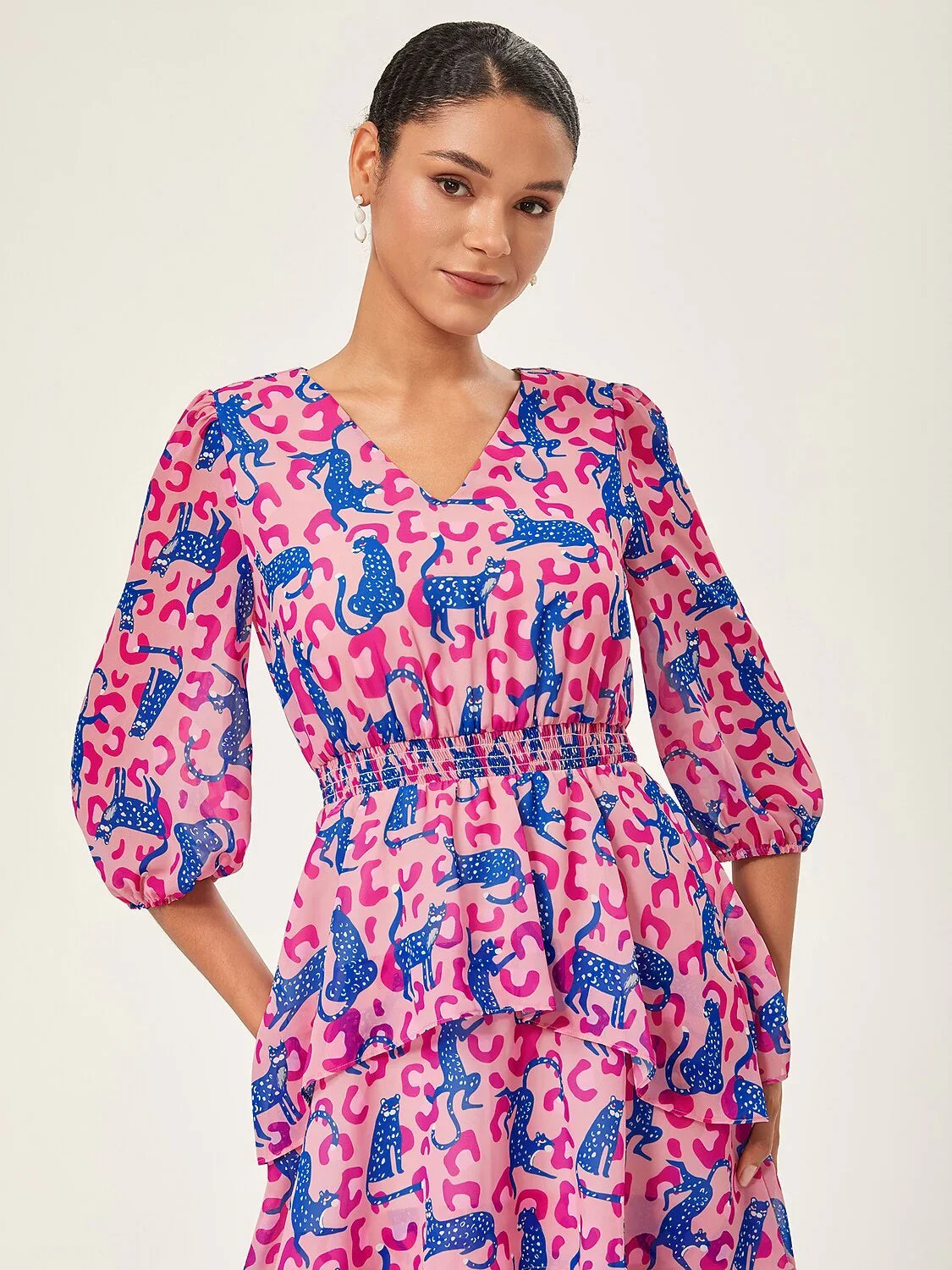 Pink Leopard Chiffon Cinched Peplum Dress
