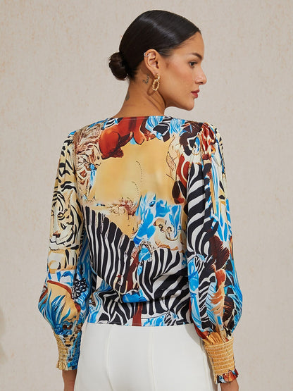 Sapphire Zebra Bloom Silky Satin Blouse