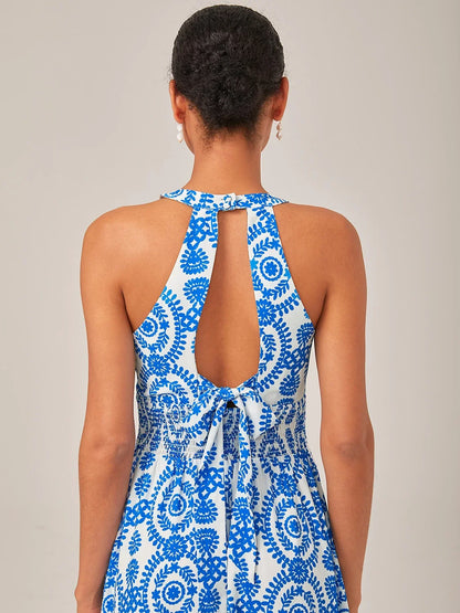 Chiffon Geometric Print Resort-Style Halter Fitted Waist Maxi Dress