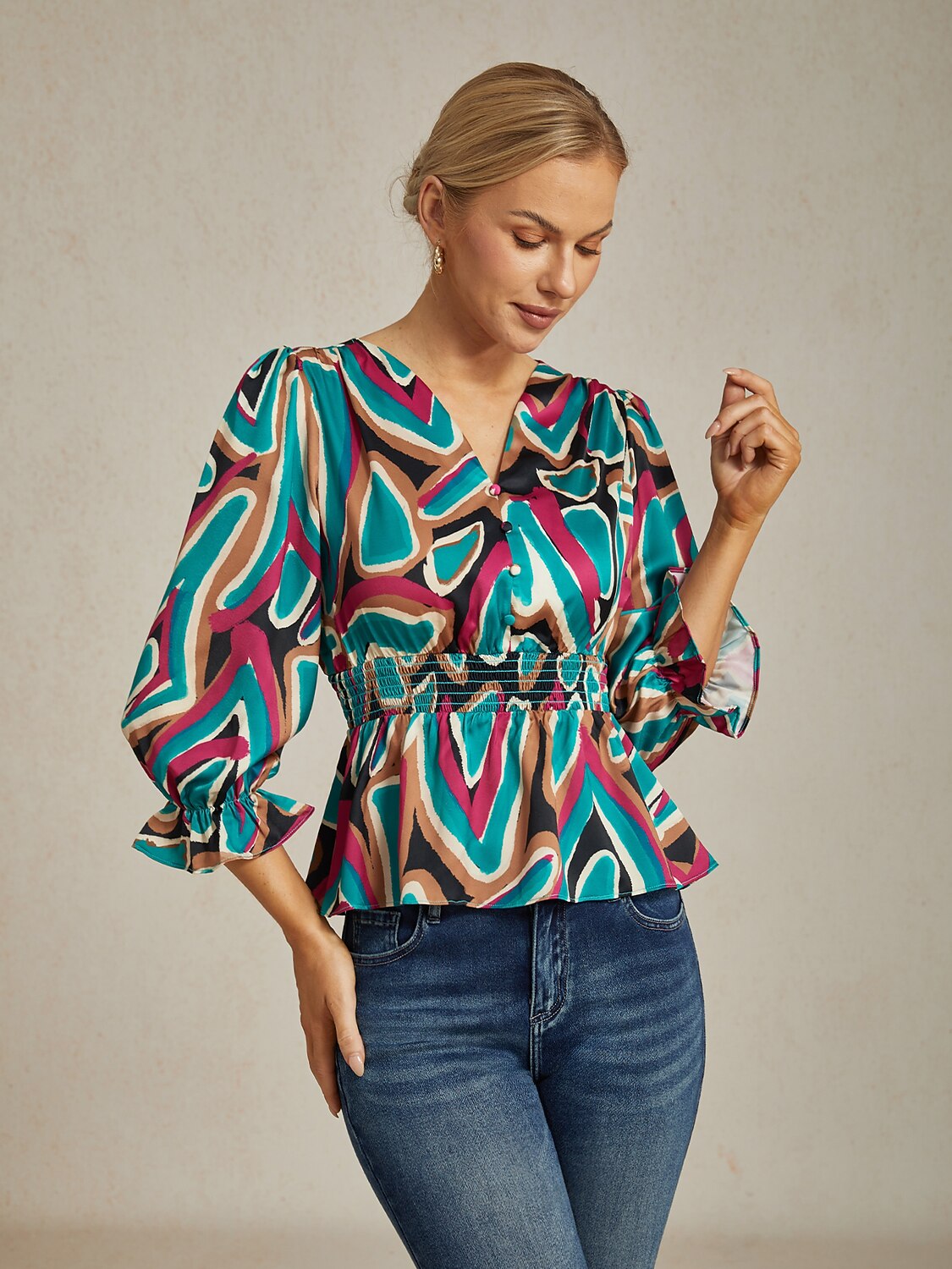 Colorful Abstract Print Cinched Waist Satin Top