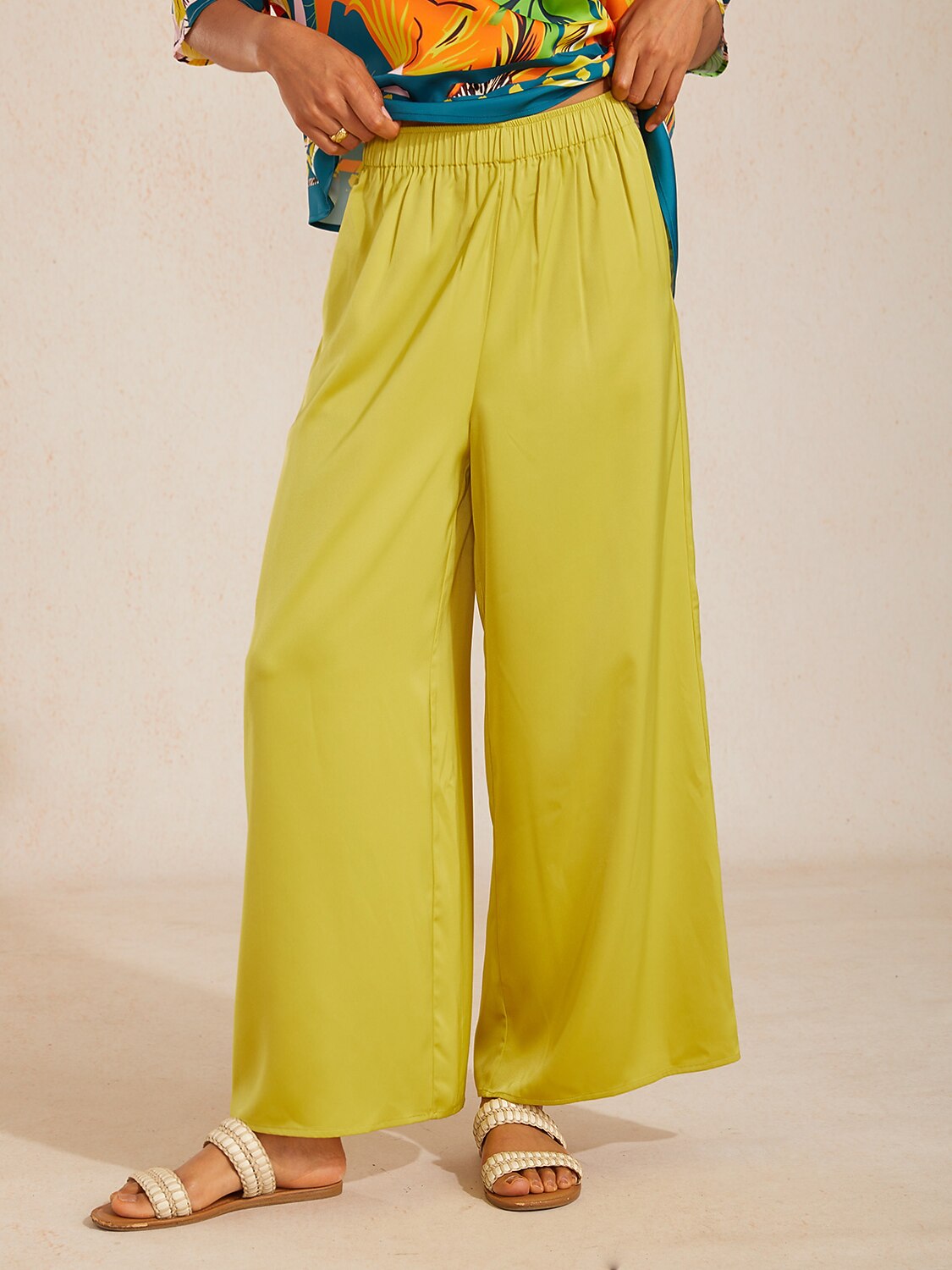 Silky Satin White Elastic Waist Wide Leg Pants