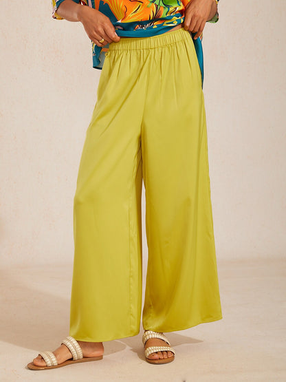 Silky Satin White Elastic Waist Wide Leg Pants