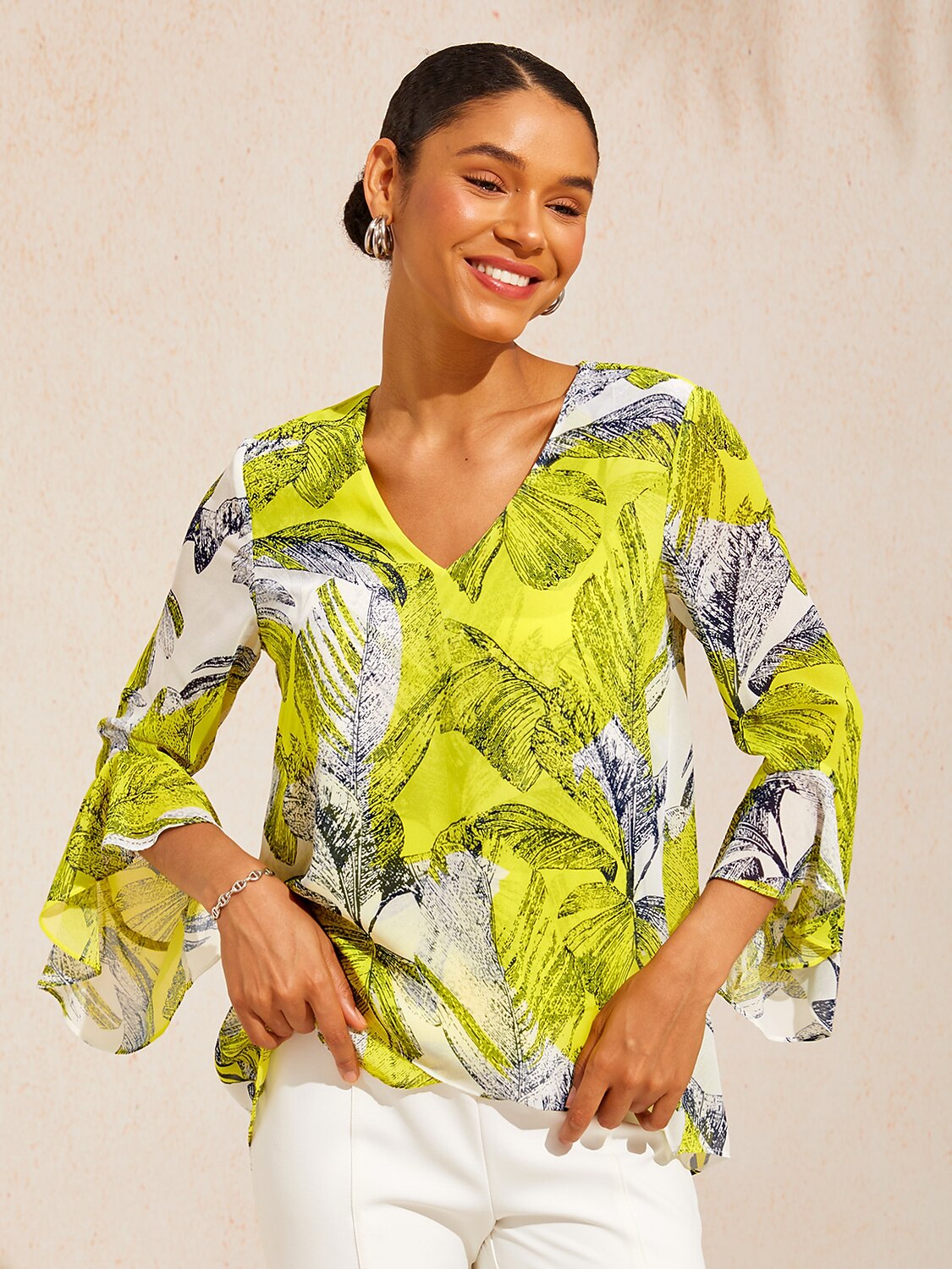 Citrus Palm Luxe Flowy Chiffon Blouse