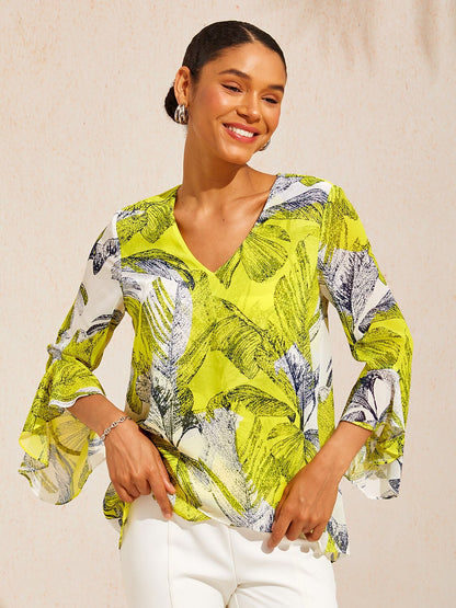 Citrus Palm Luxe Flowy Chiffon Blouse