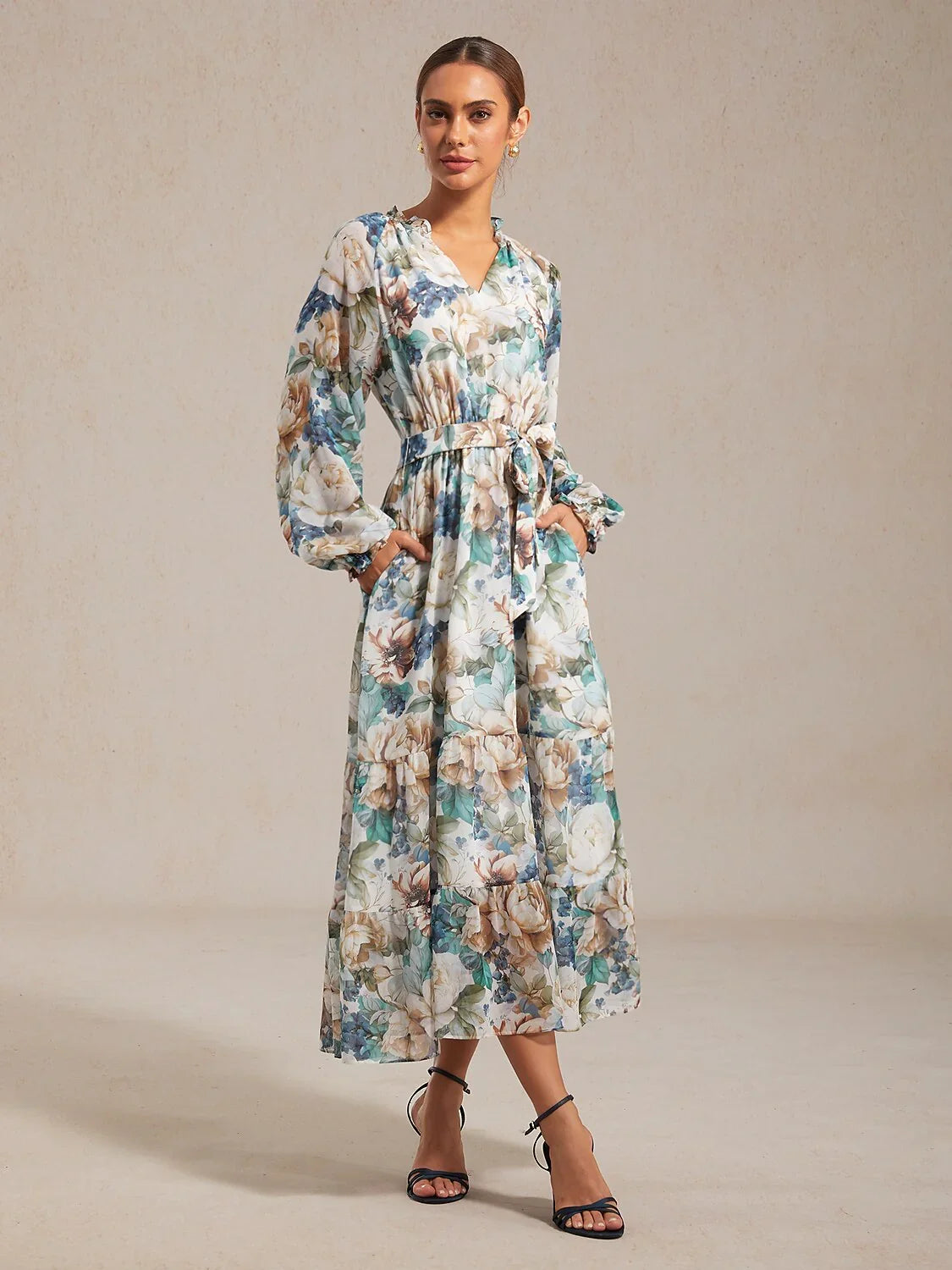 Floral Print Flowy Chiffon Vacation Maxi Dress