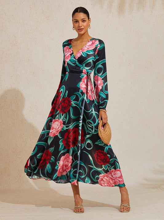 Emerald Rose Garden Silky Satin Floral Maxi Dress