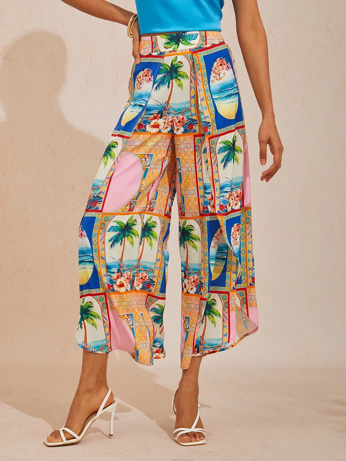Summer Escape Curved Hem Cross over Satin Wide leg Pants