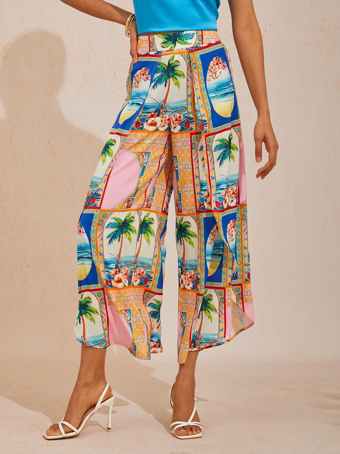 Summer Escape Curved Hem Cross-over Satin Wide leg Pants