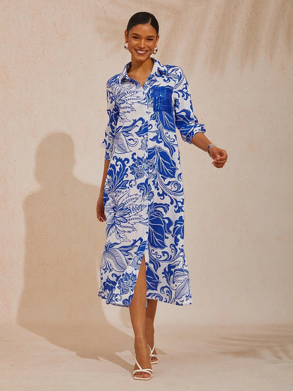 St Barth Blooms Airy Linen Look Blue Maxi Dress