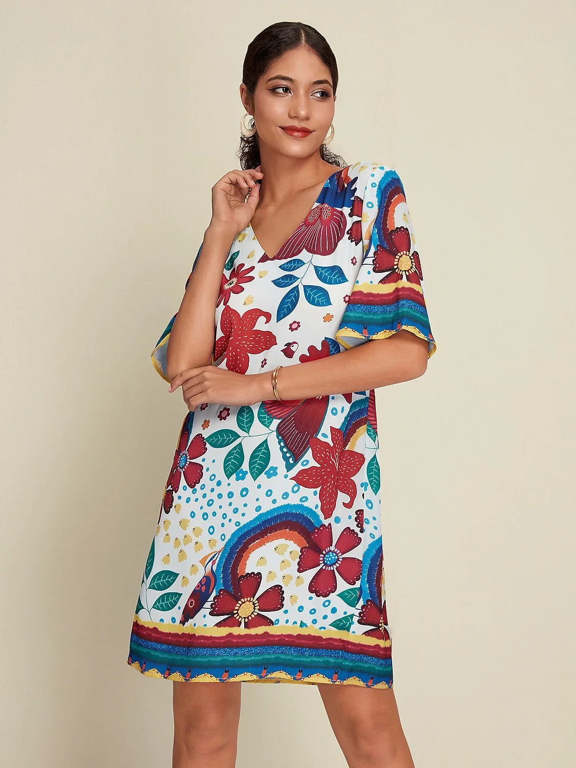 Satin Floral Print Half Sleeve V Neck Mini Dress
