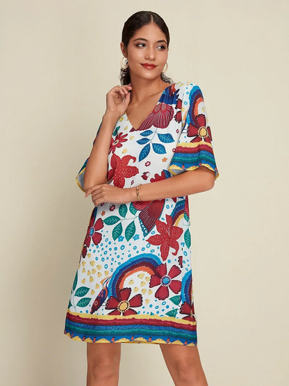 Satin Floral Print Half Sleeve V Neck Mini Dress