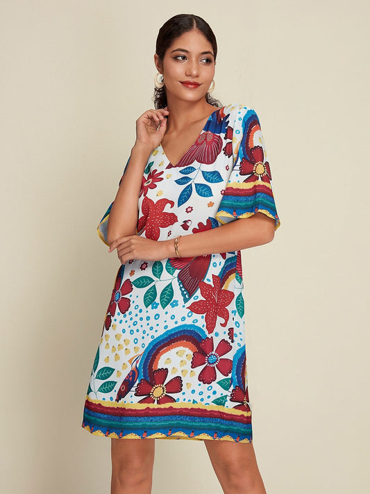 Satin Floral Print Half Sleeve V Neck Mini Dress
