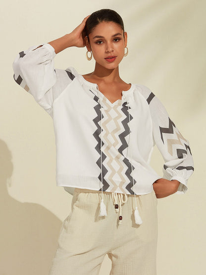Linen-Like Geometric Puff Sleeve V Neck Top
