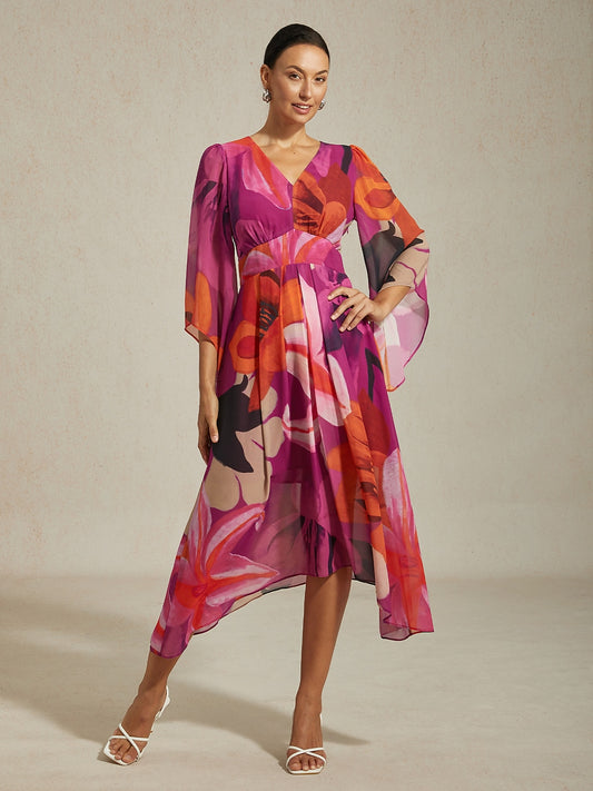 Floral Print Irregular Hem Chiffon Dress