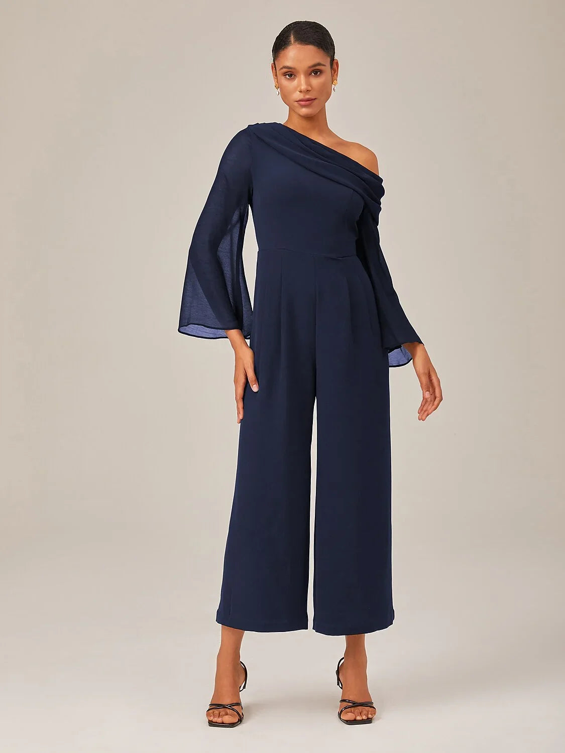 Draped Asymmetric Shoulder Elegant Black Jumpsuit