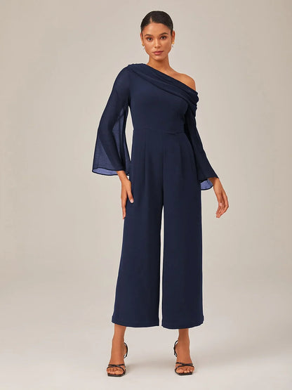 Draped Asymmetric Shoulder Elegant Black Jumpsuit